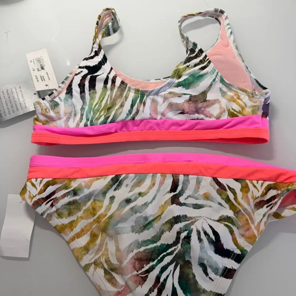 Beach Lingo Multicolor Two-Piece Zebra Print Swimsuit Bikini Set Size 14 NWT
